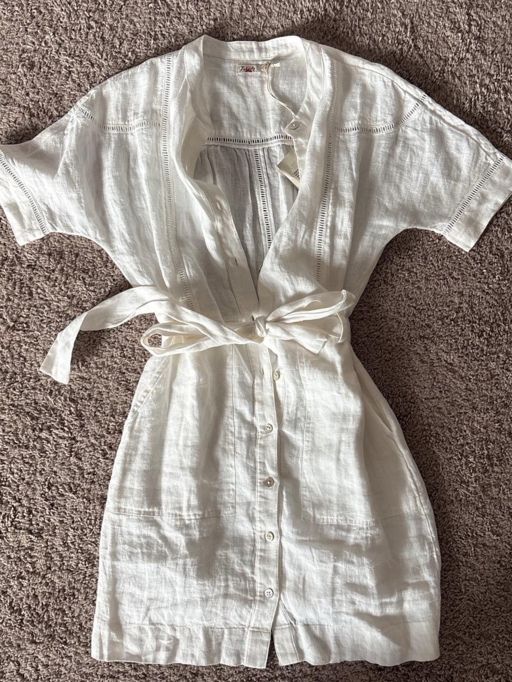 Anthropologie White Linen Button-Front Tie-Waist Mini Dress